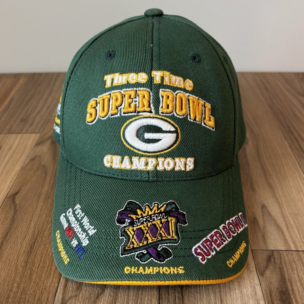 Vintage Green Bay‎ Packers Three Time Super Bowl Champions Reebok Hat Cap NFL
